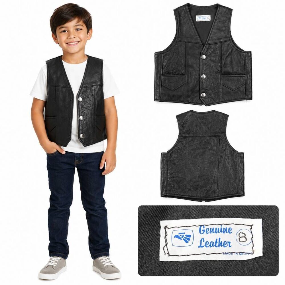 Kids Size 8 Genuine Leather Black Western Biker Vest
